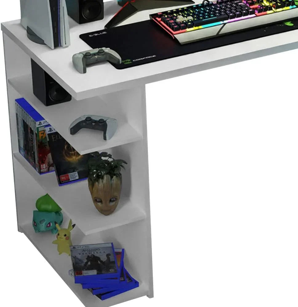 Madesa Gaming Computer Desk 53 Inch With 5 Shelves Cable Management - White
