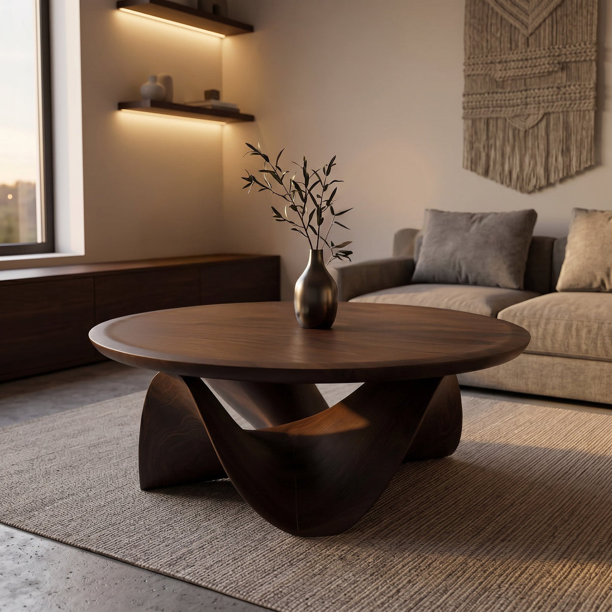 Round Coffee Table, Sculptural Solid Wood Low Table for Living Room