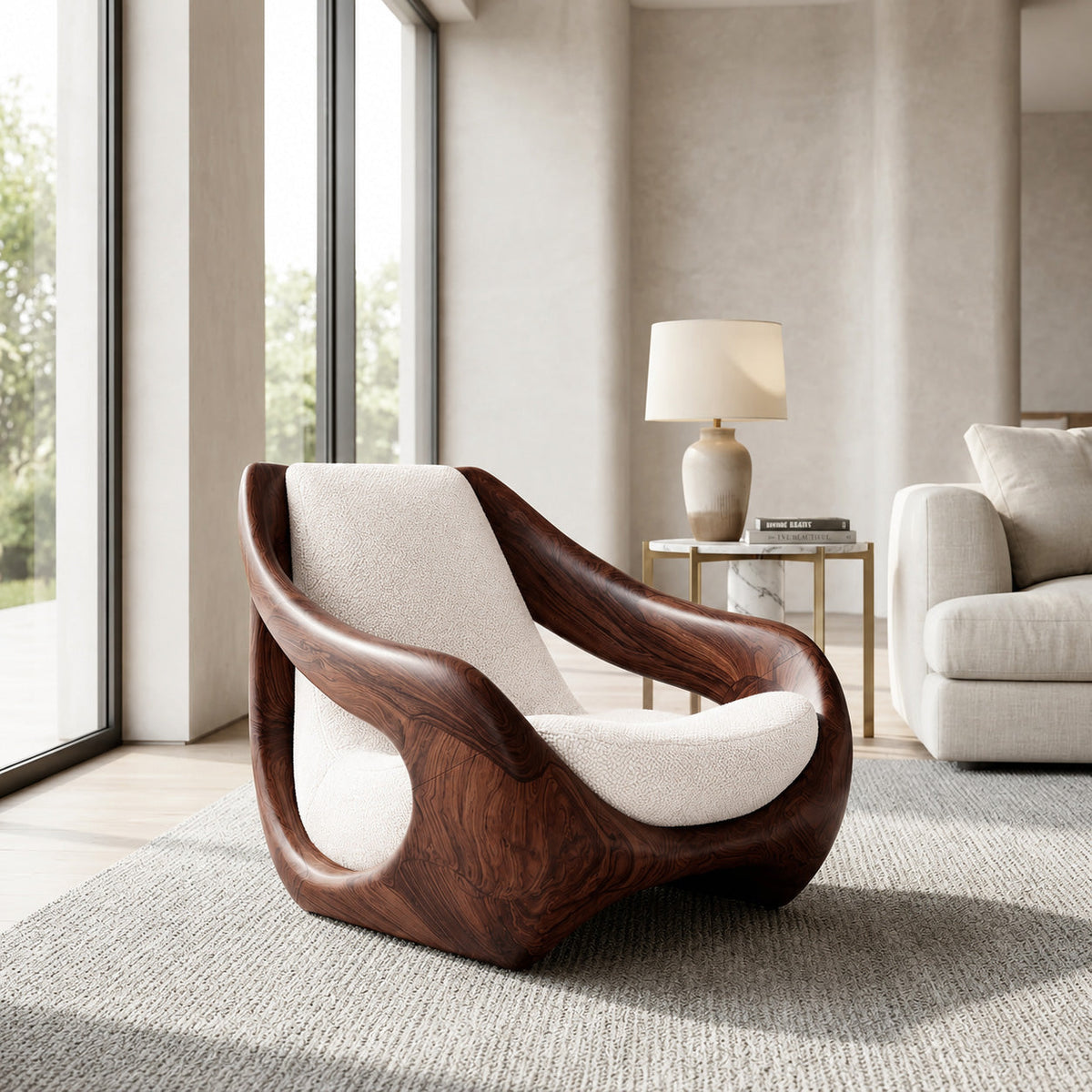 Sculptural Accent Chair, Solid Wood Lounge Armchair for Living Room