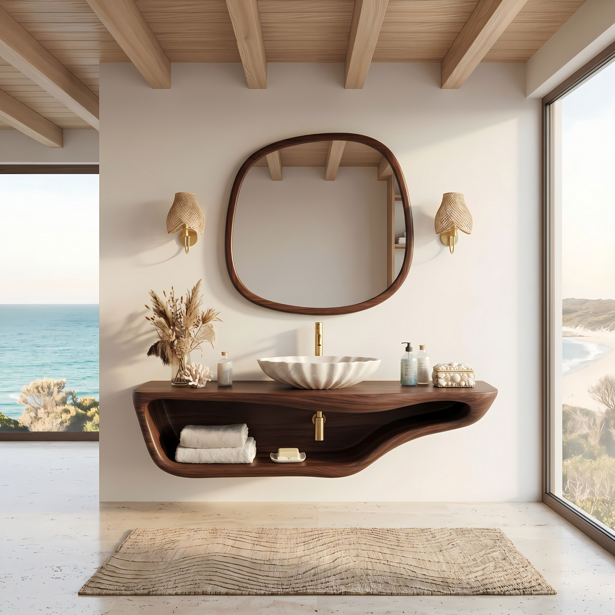 Live Edge Bathroom Vanity, Handcrafted Floating Solid Wood Sink Shelf