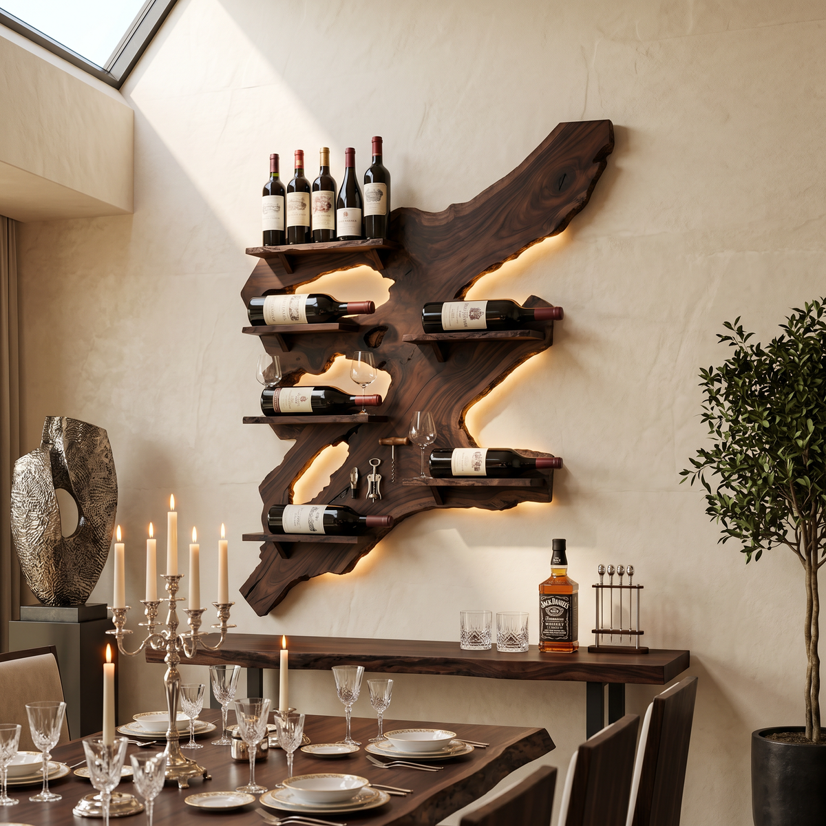 Rustic Wine Rack, Monkey Pod Wood Wall Display for Home Bar