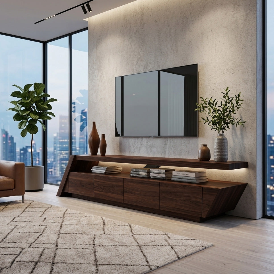 TV Stand, Modern Geometric Mid Century Solid Wood Media Console