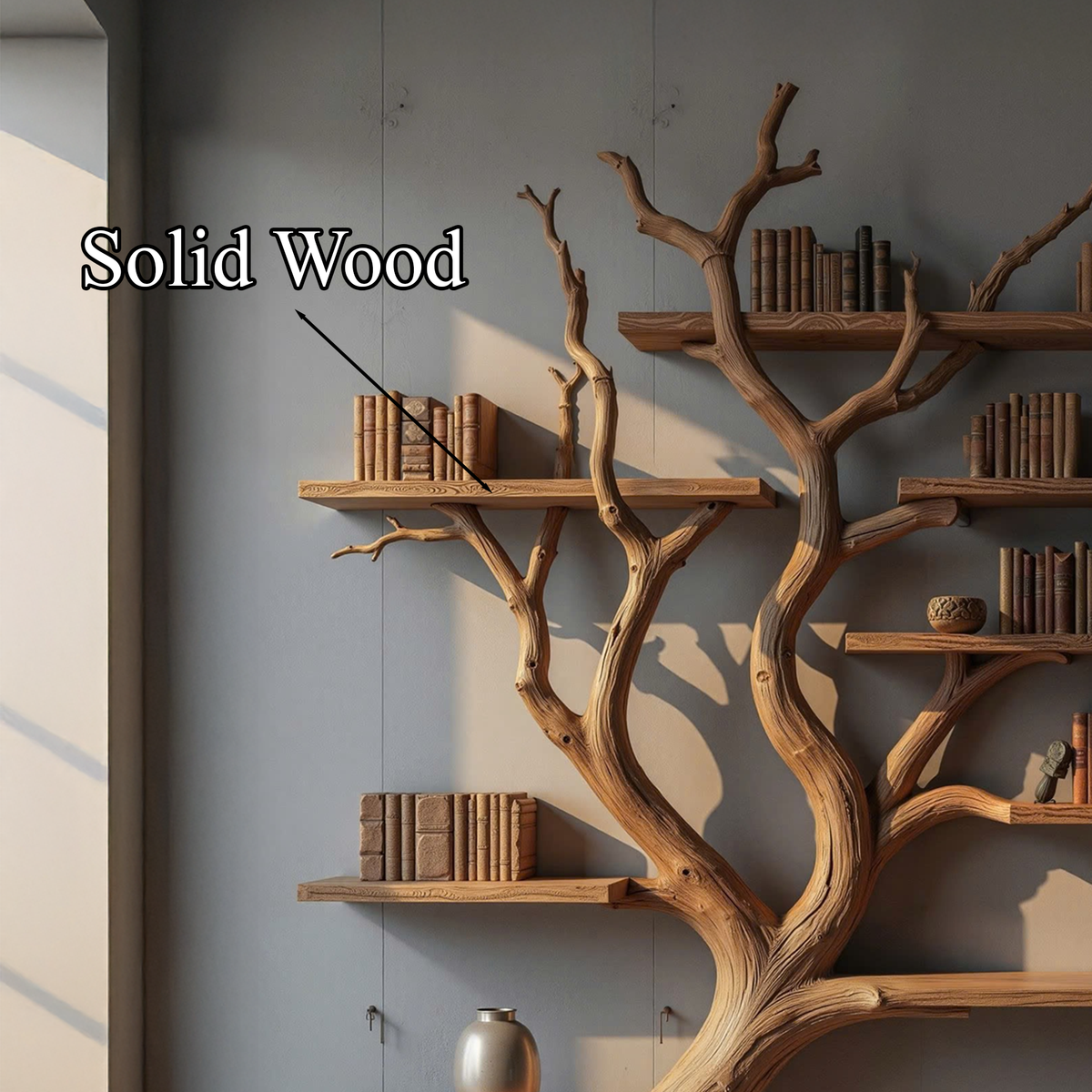 Tree Branch Bookshelf, Wall Mounted Floating Shelf with Real Branches