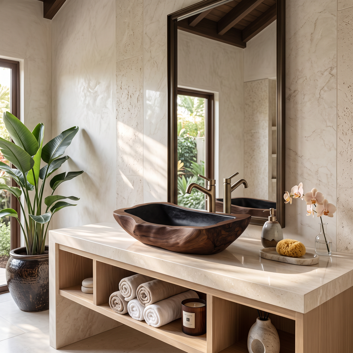 Wooden Vessel Sink, Farmhouse Rustic Hand-Carved Bathroom Basin