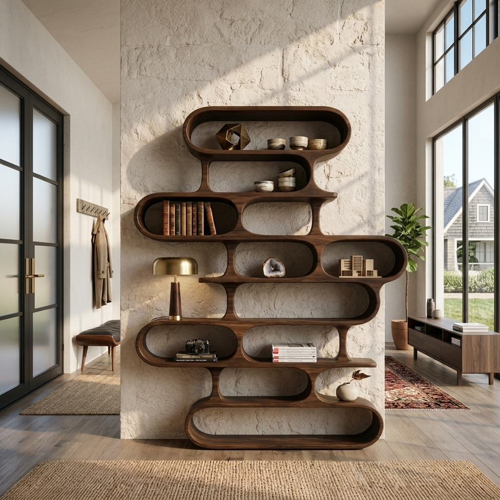 Sculptural Wood Bookshelf, Curved Organic Bookcase for Living Room