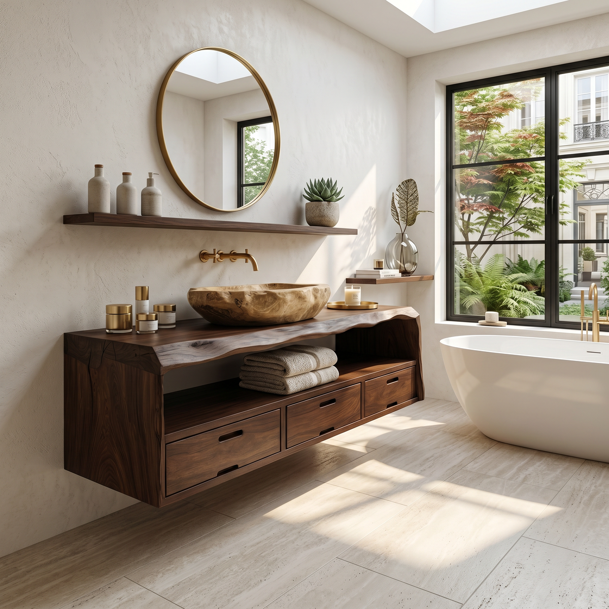 Farmhouse Floating Bathroom Vanity, Solid Natural Wood Wall Mount
