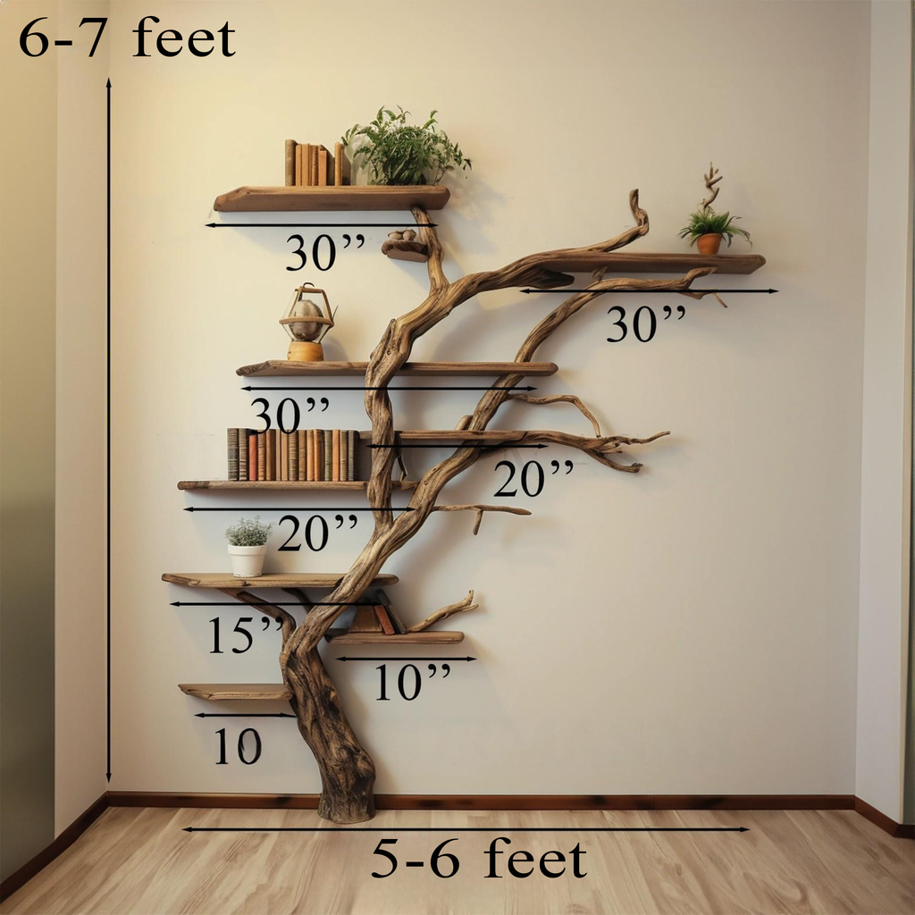 Tall Tree Shelf Wall Mount, Wild Mulberry Wood Bookcase in Dark Brown
