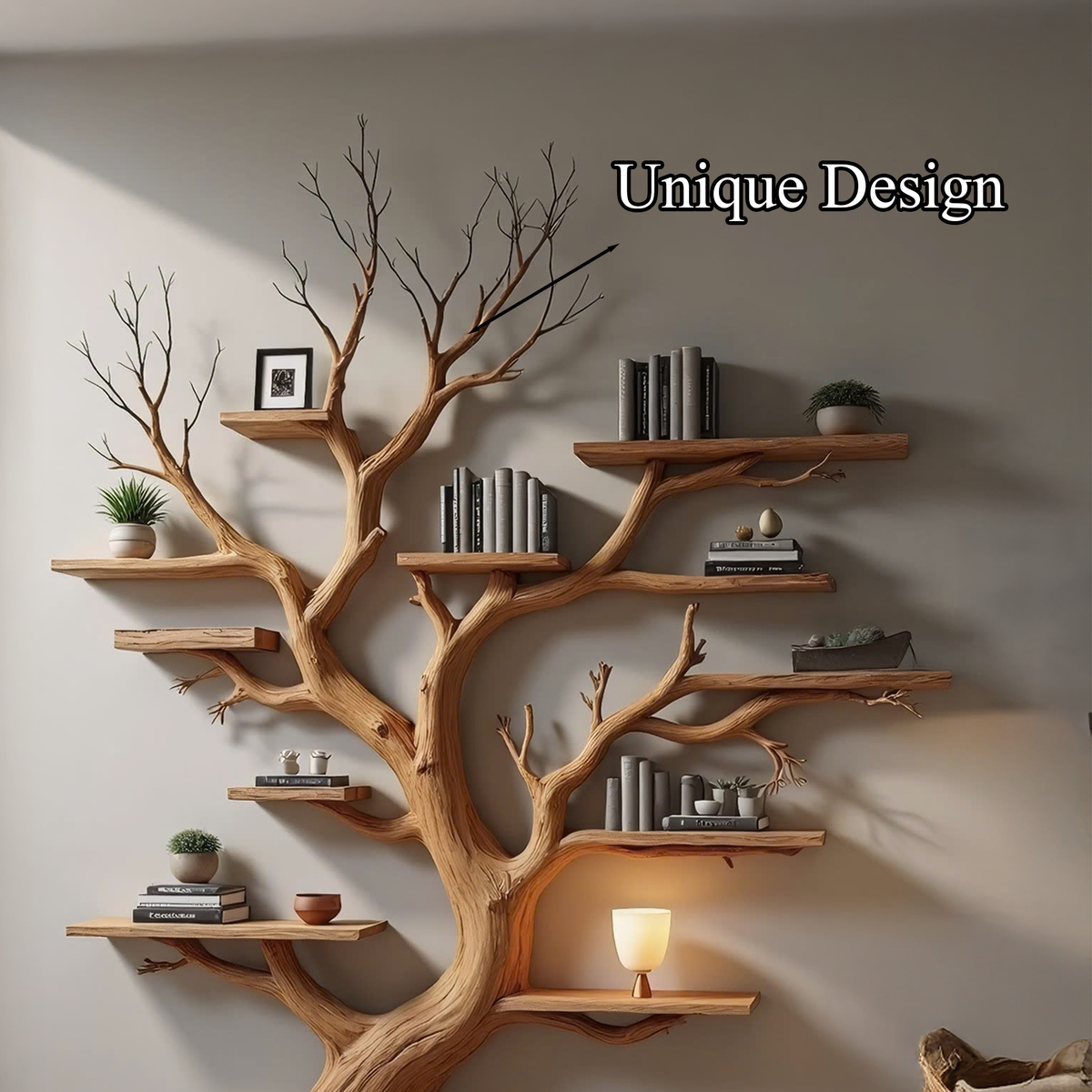 Tree Bookshelf, Wall Mounted Wood Branch Shelf for Living Rooms