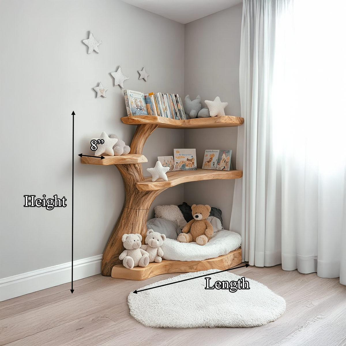 Corner Tree Bookshelf, Rustic Wall Mounted Branch Shelf for Nursery
