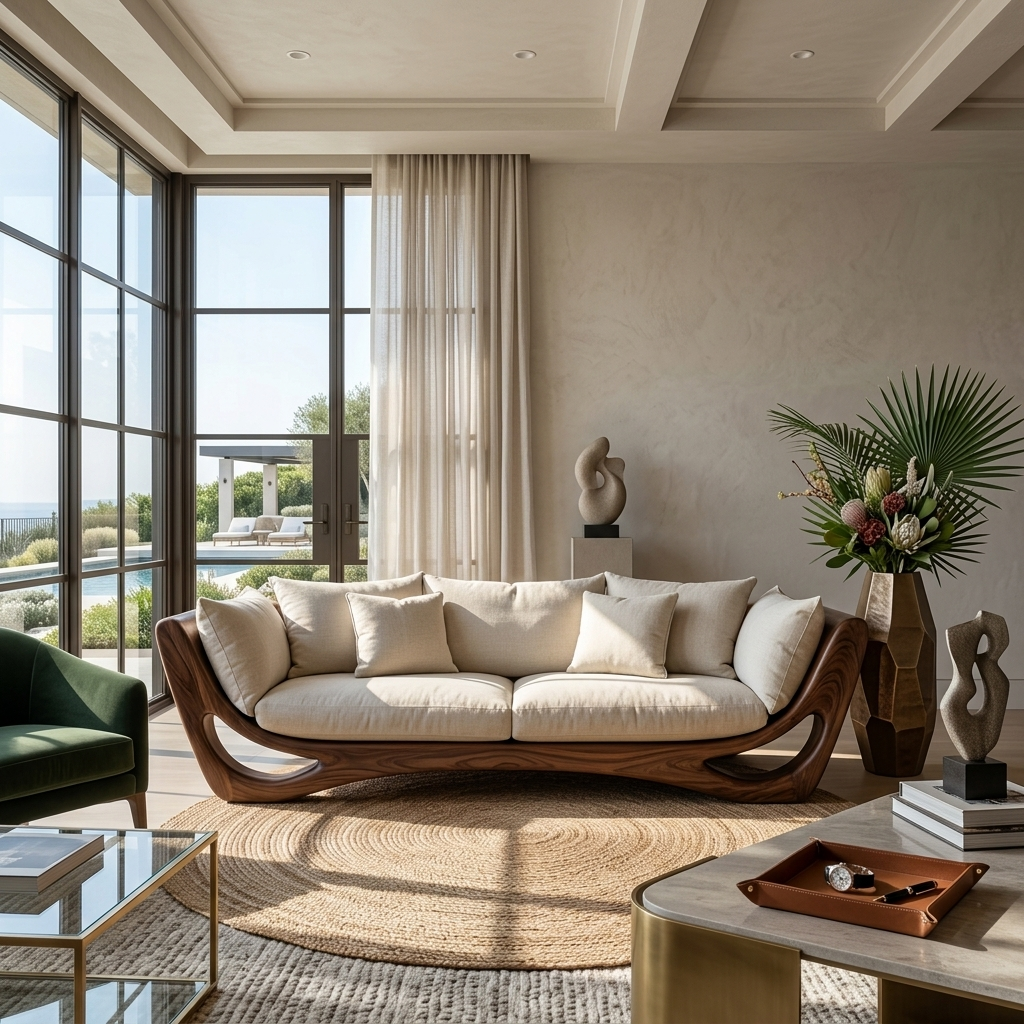 Wood Frame Sofa, Modern Sculptural Solid Wood Couch with Cushions