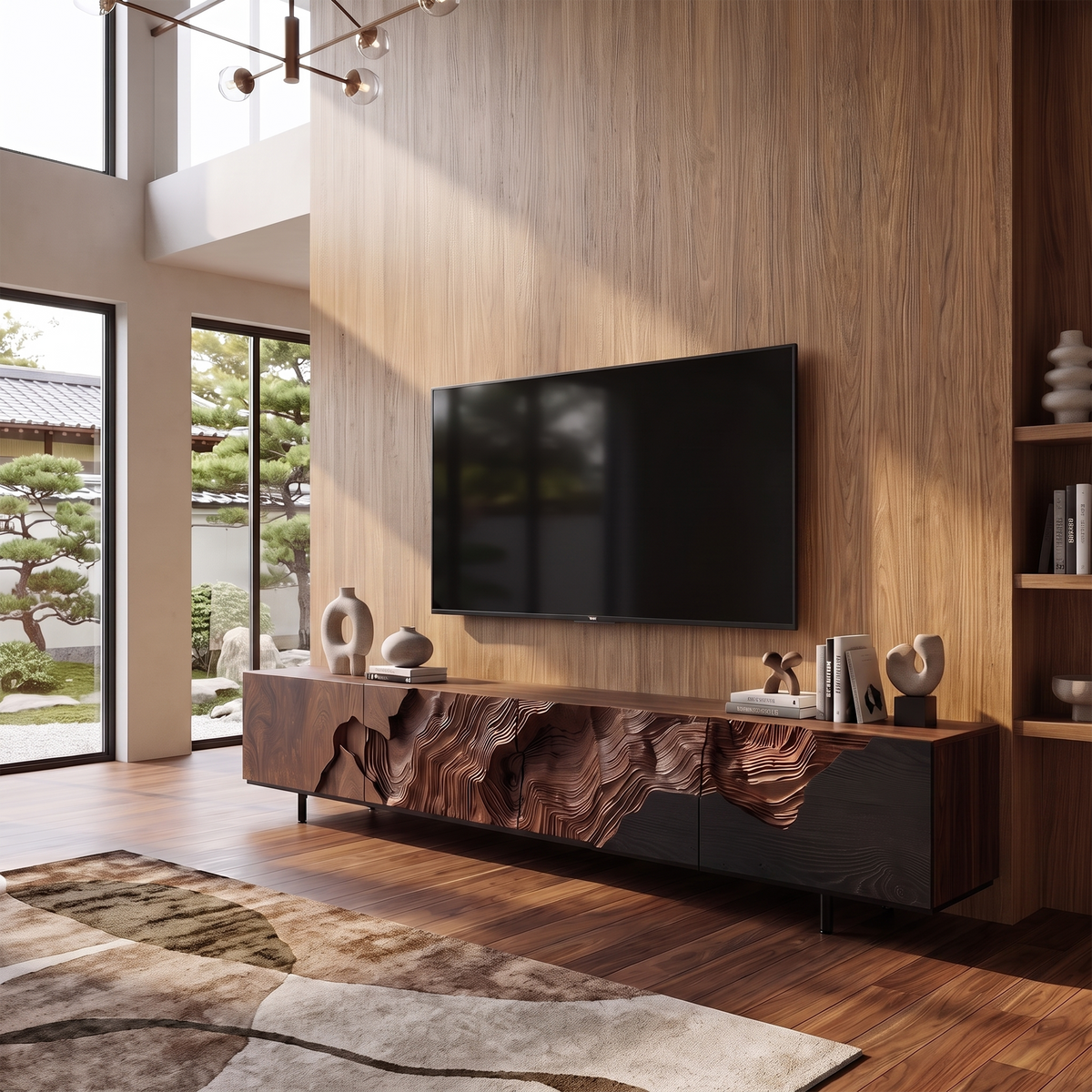Rustic TV Stand, Solid Wood Media Console with Open Shelving