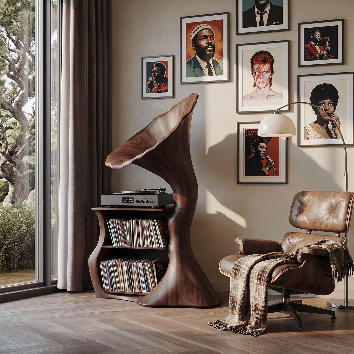 Tall Record Player Stand, Hardwood Cube Vinyl Storage for Living Room
