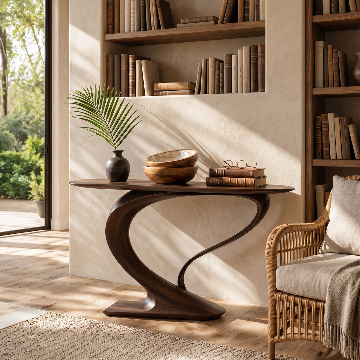 Curved Console Table, Contemporary Sculptural Solid Wood Design