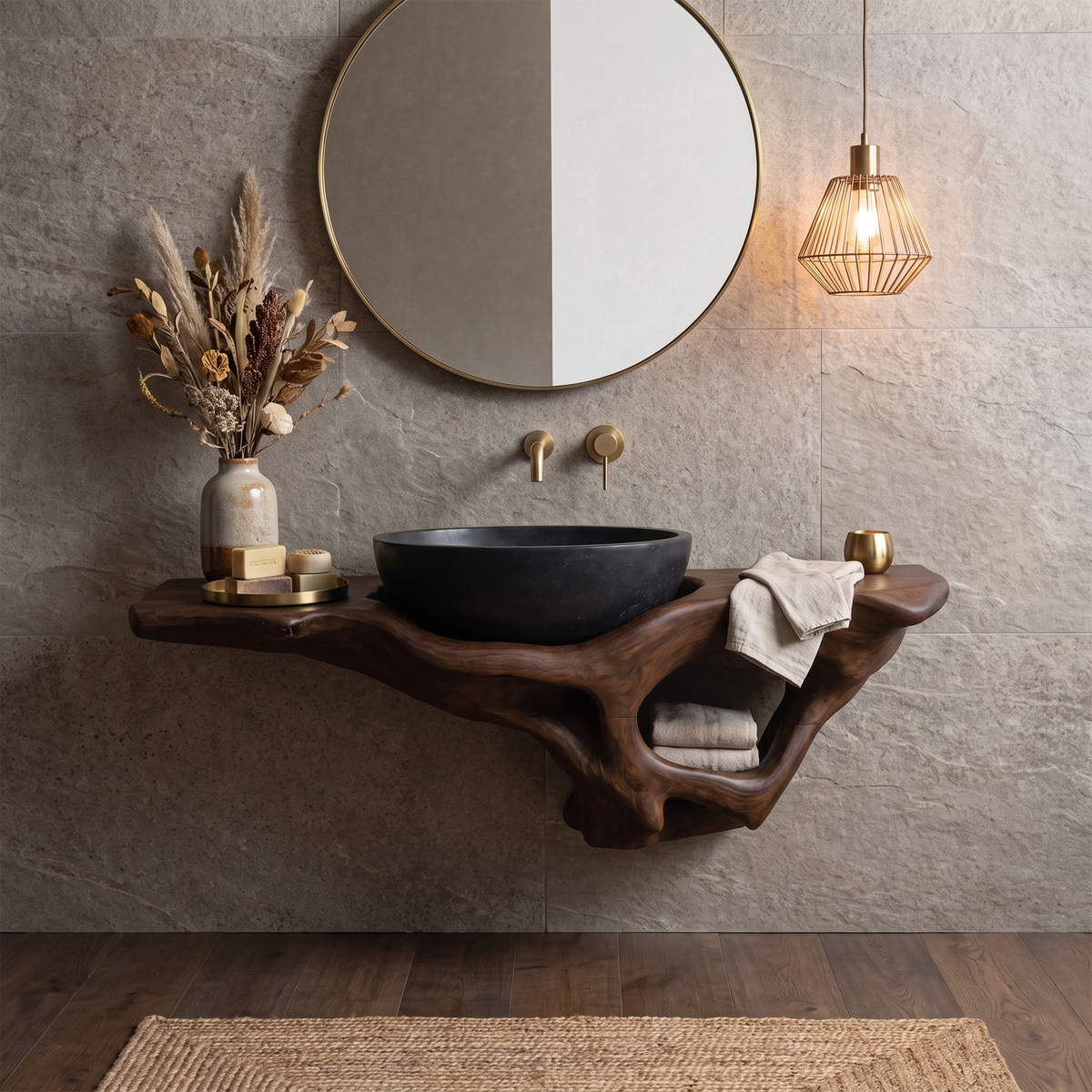 Mid Century Live Edge Vanity, Floating Wood Bathroom Sink Shelf