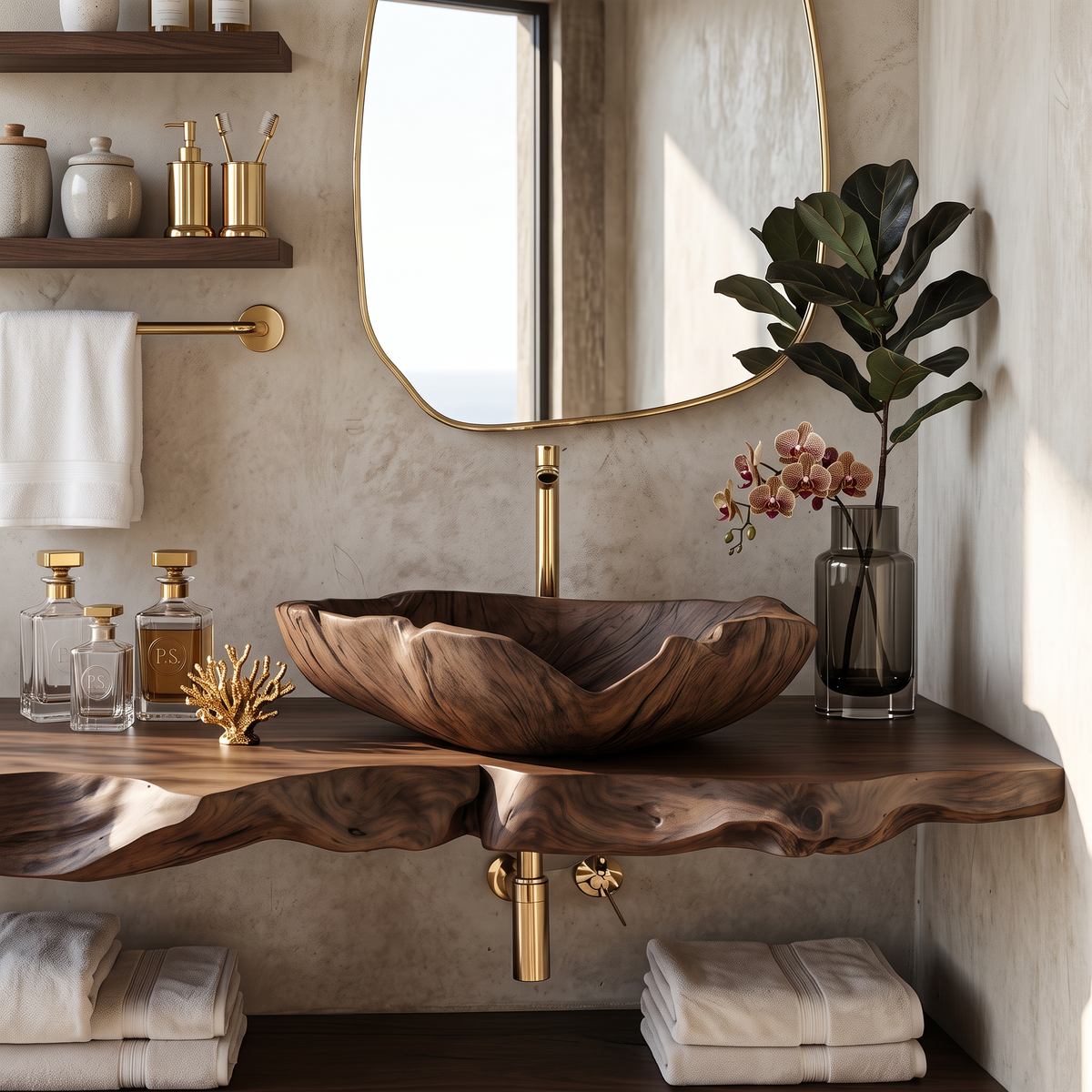 Wooden Vessel Sink, Farmhouse Hand Carved Solid Wood Bathroom Basin