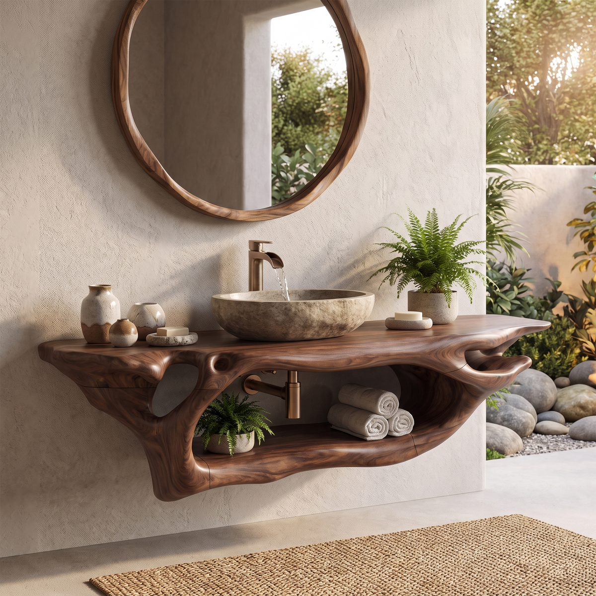 Rustic Bathroom Vanity, Live Edge Solid Wood Floating Sink Shelf