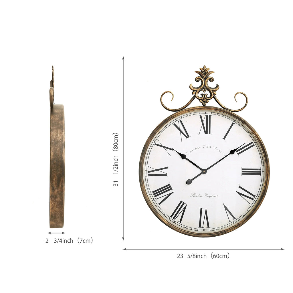 Large Antique Wall Clock, 21 Inch, Bronze-Gold Or Bronze, 27.5 x 20 in / 31.49 x 23.62 in