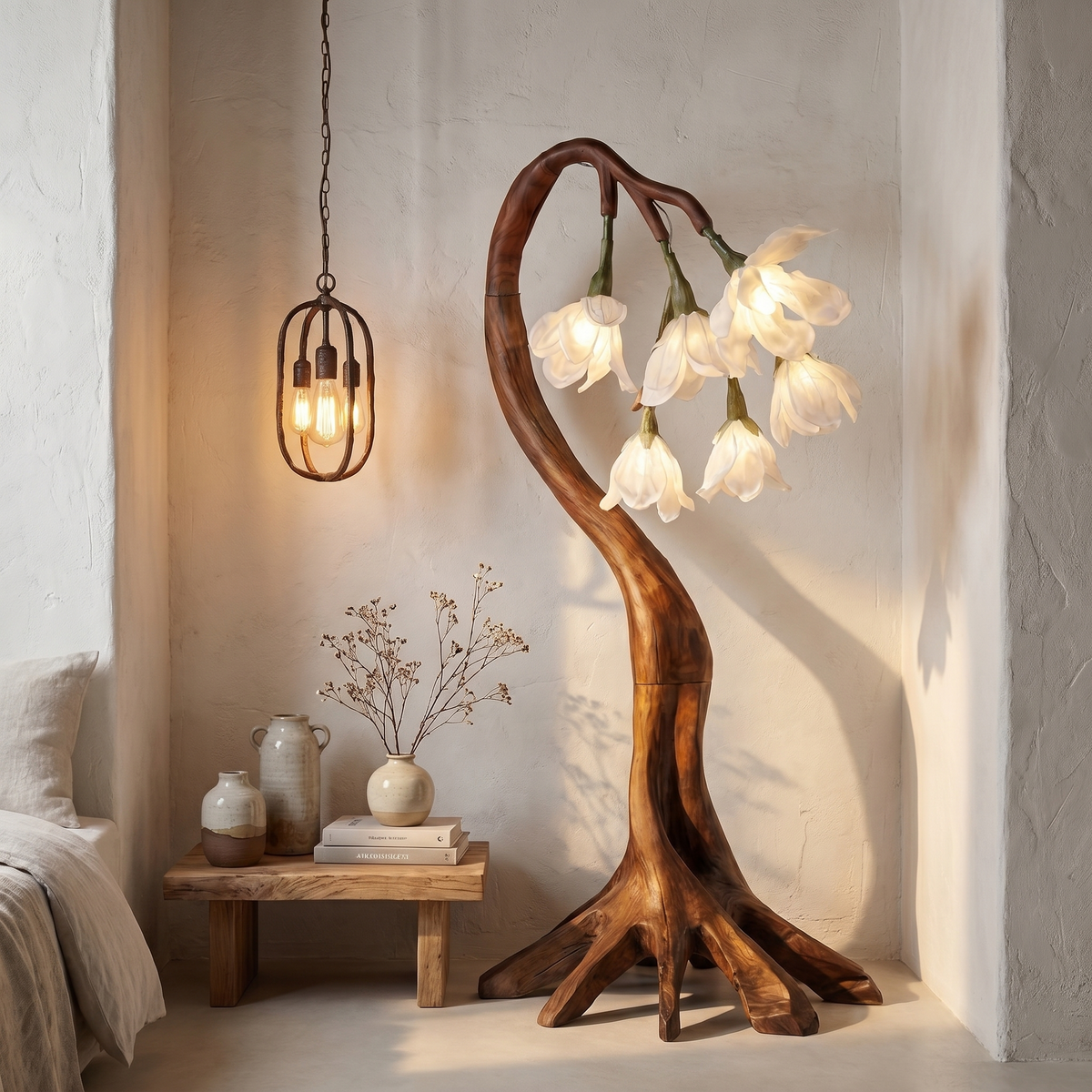 Flower Petal Floor Lamp, Sculptural Solid Wood Base Botanical Lighting