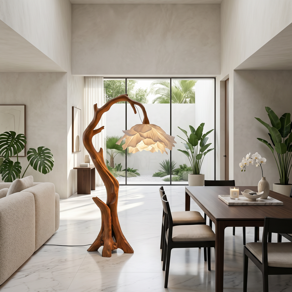 Flower Floor Lamp, Floral Shade Standing Light with Solid Wood Base