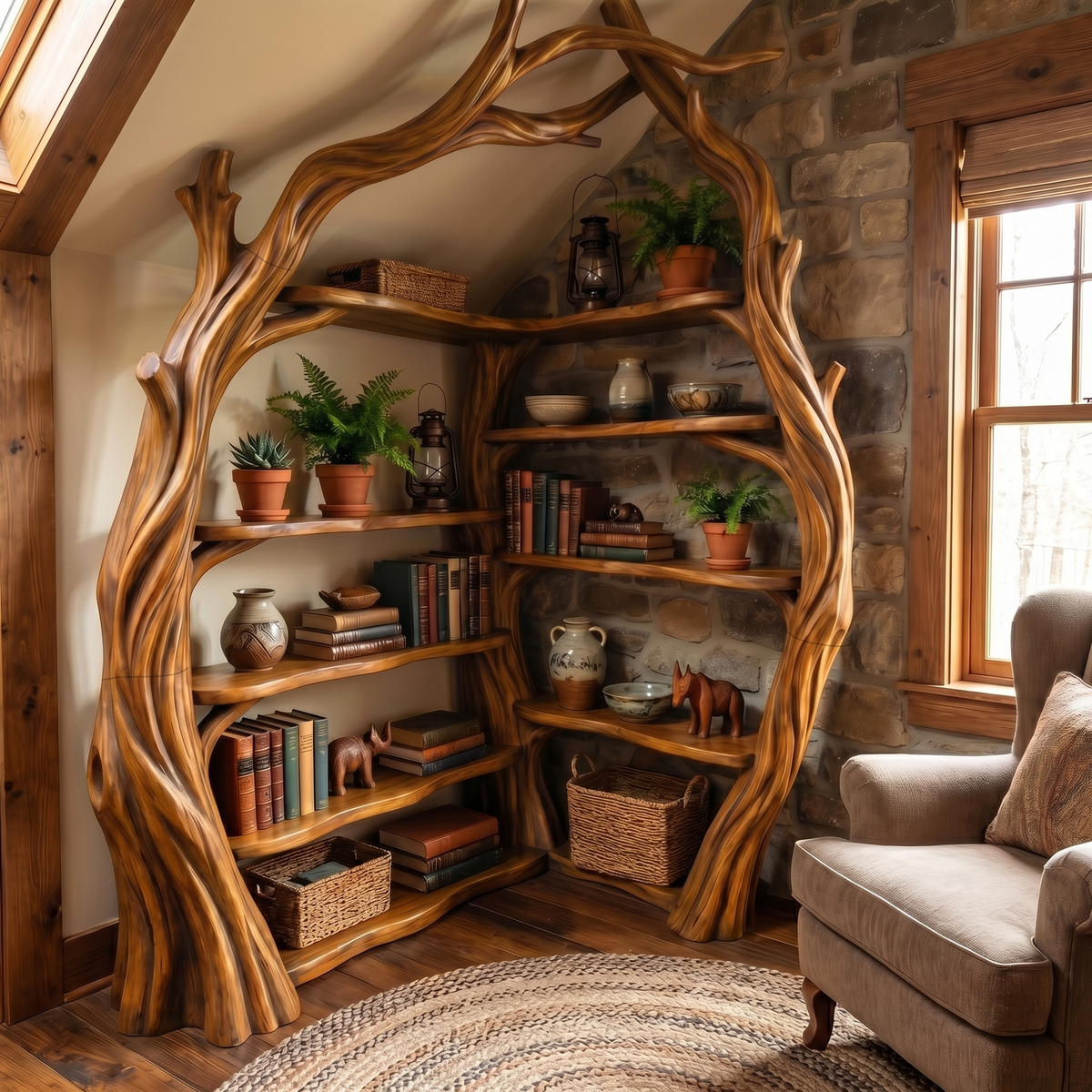 Corner Tree Bookshelf, Tall Wooden Branch Bookcase for Living Room