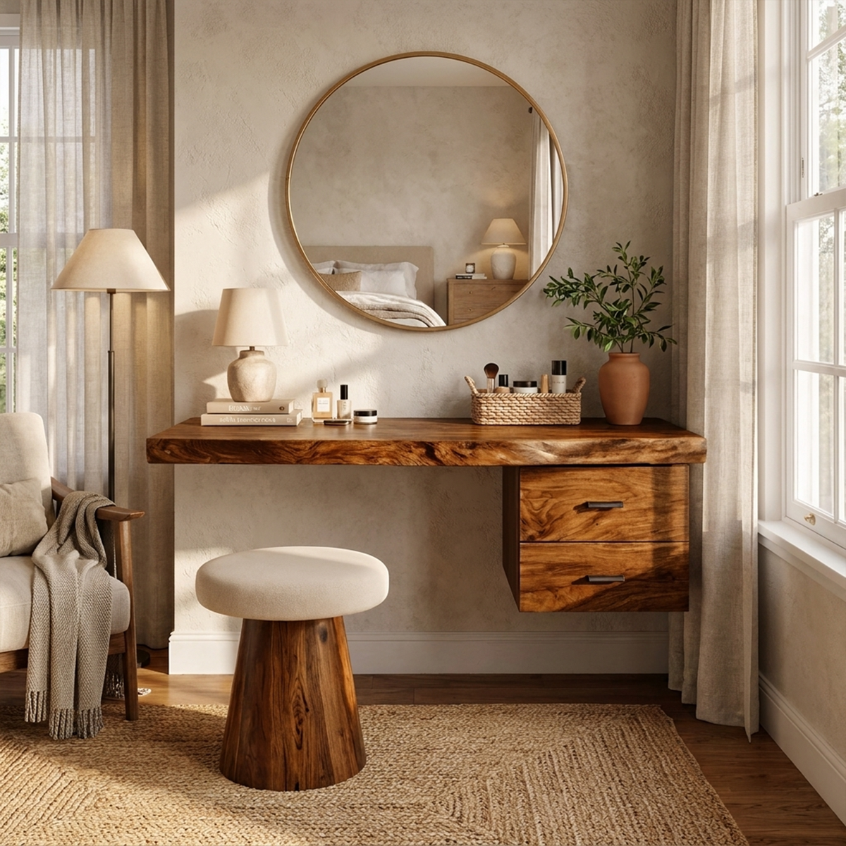 Floating Dressing Table with Drawer, Modern Organic Solid Wood Vanity