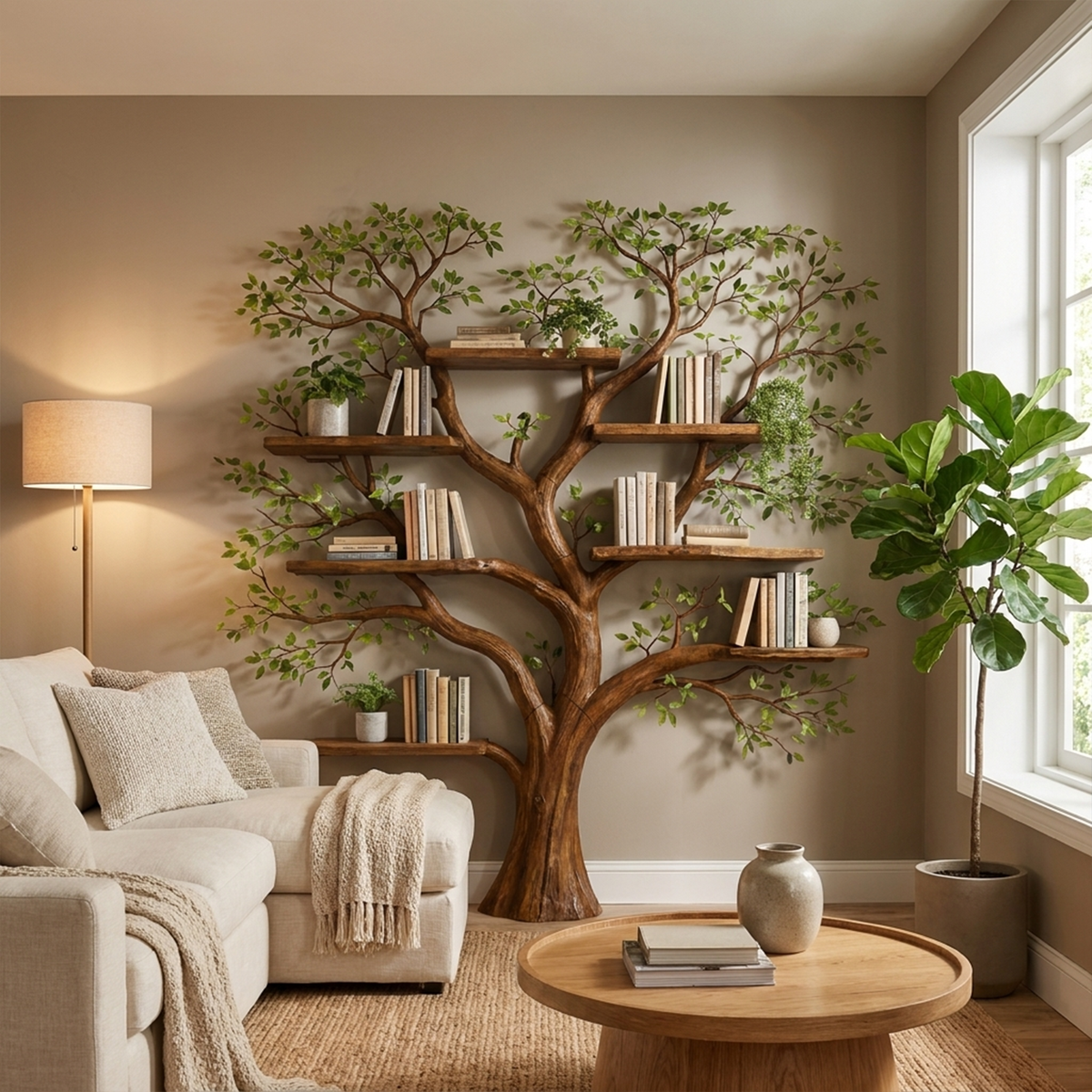 Wall Mounted Tree Bookcase, Floating Branch Display Shelf in Wood