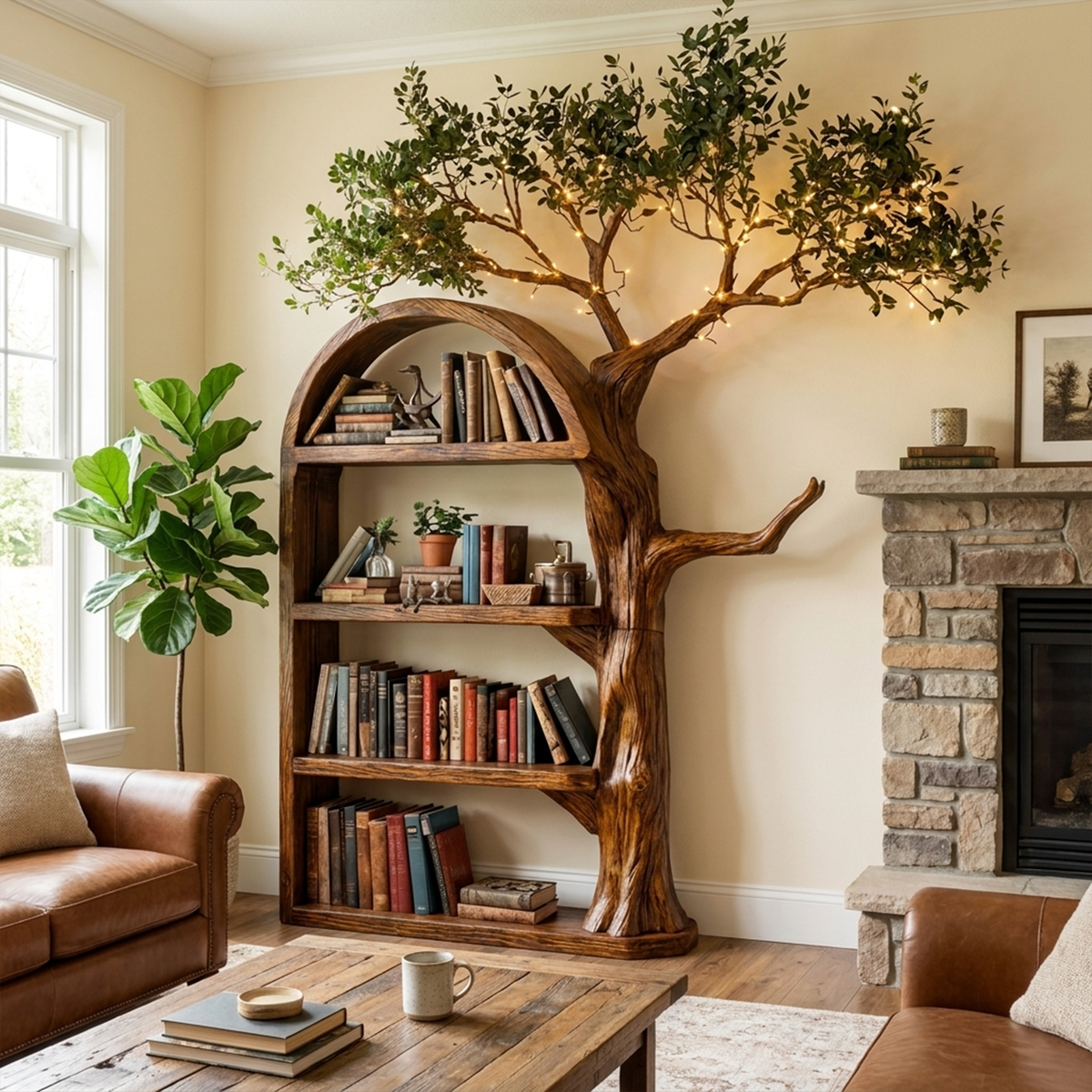 Rustic Tree Bookshelf, Wall Mounted Branch Display for Living Room