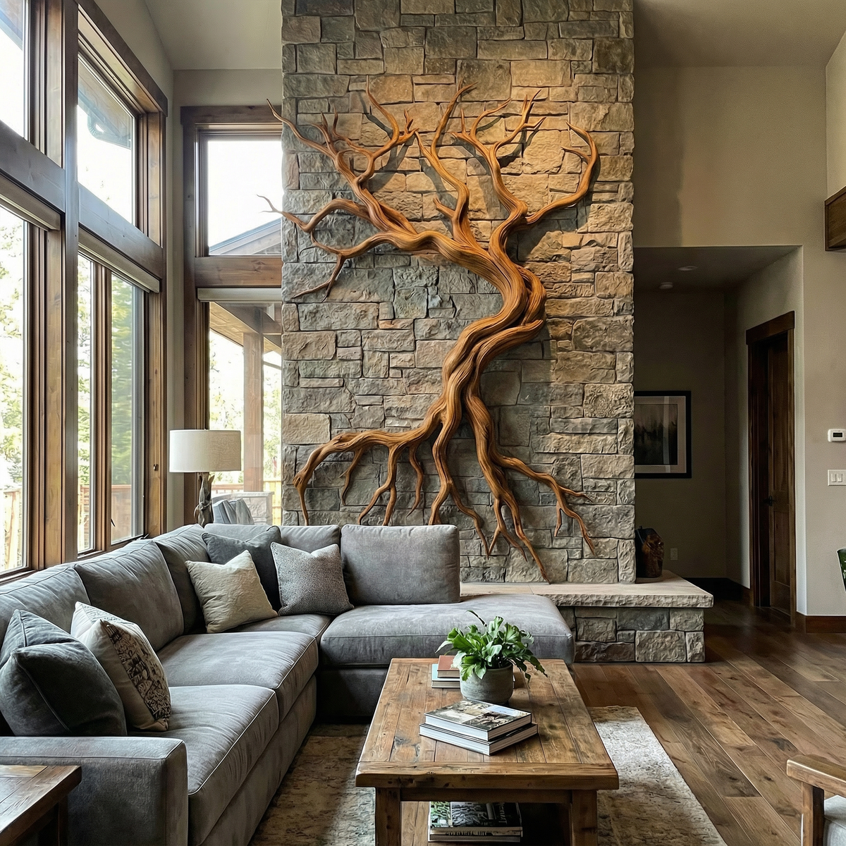 Tree Branch Wall Sculpture, Carved Hand and Clover Wood Wall Art