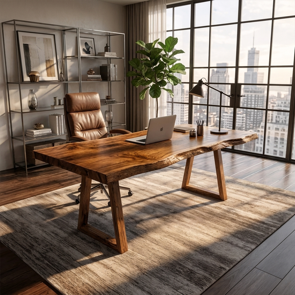 Rustic Work Desk, Natural Hardwood Desk for Bedroom and Studio