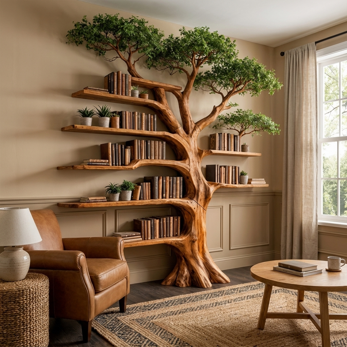 Tree Bookcase with Built-In Reading Bench, Nature Inspired Display