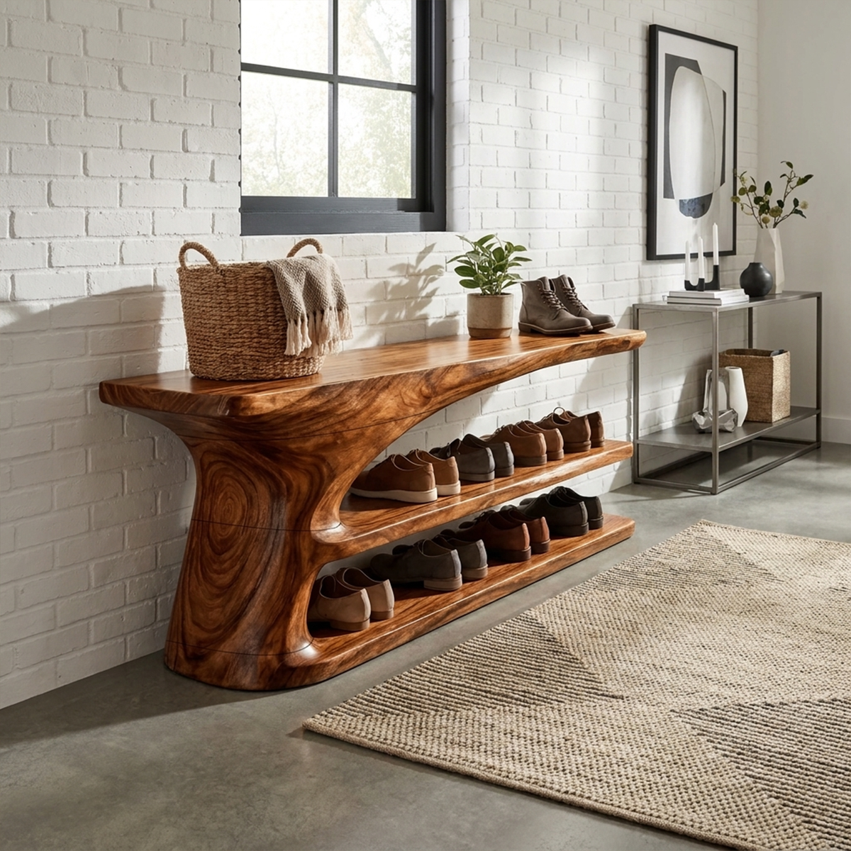 Hallway Shoe Bench, Mid Century Natural Wood Storage Bench