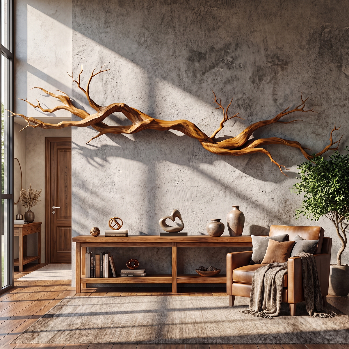 Carved Vine Wood Wall Sculpture, Modern Solid Wood Statement Wall Art