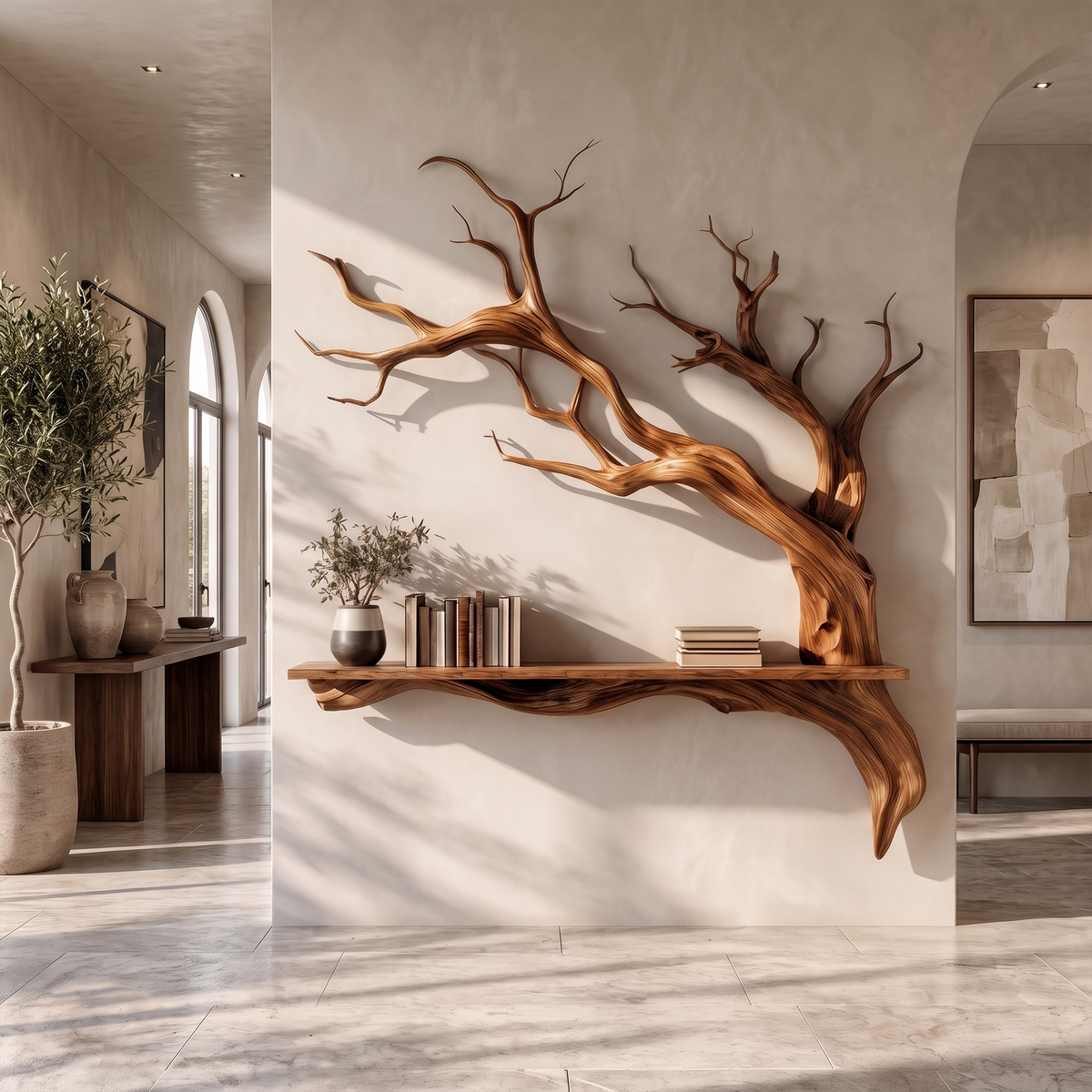 Tree Branch Wall Shelf, Rustic Solid Wood Floating Shelf with Branch