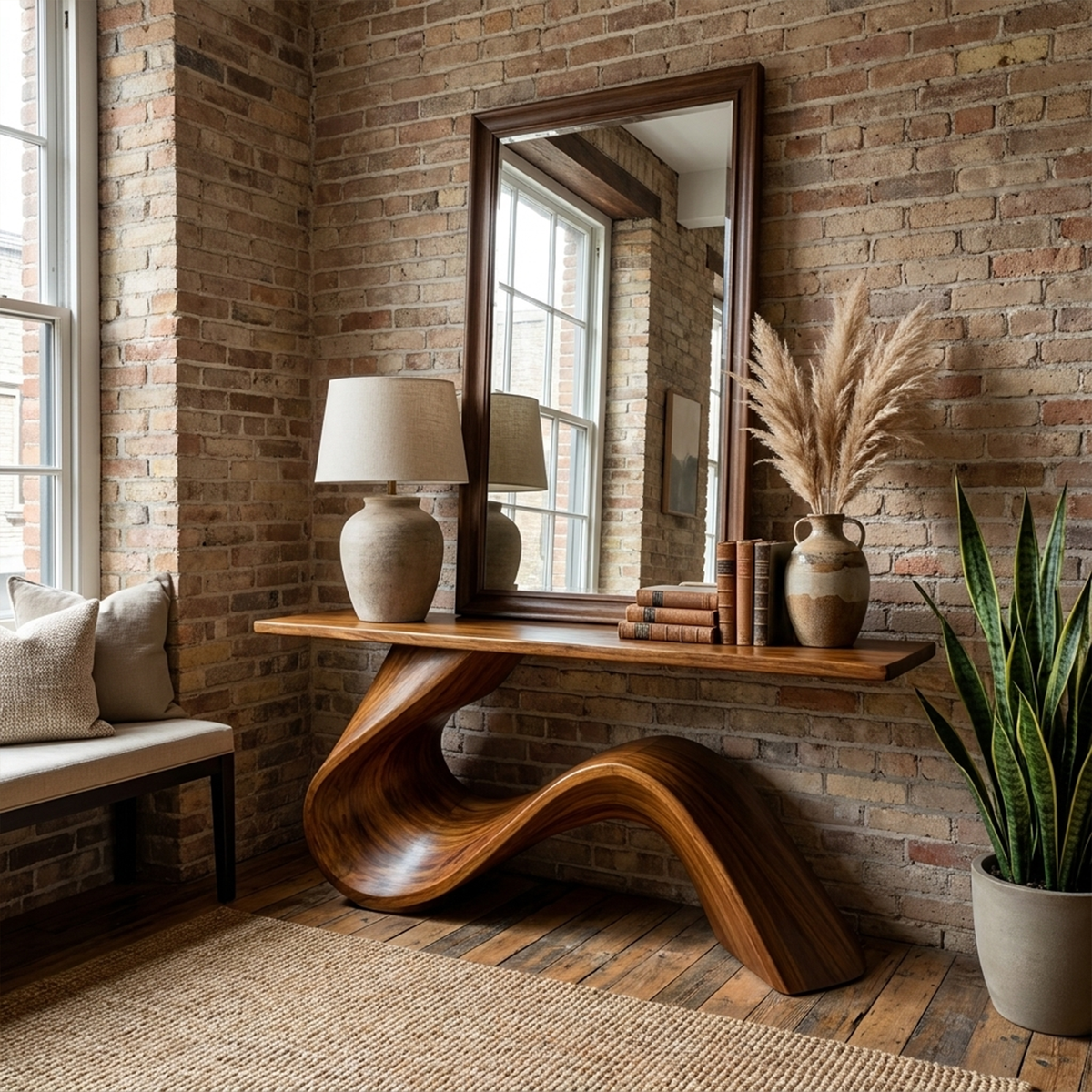 Console Table, Flowing Sculpted Solid Wood Entryway and Hallway Table