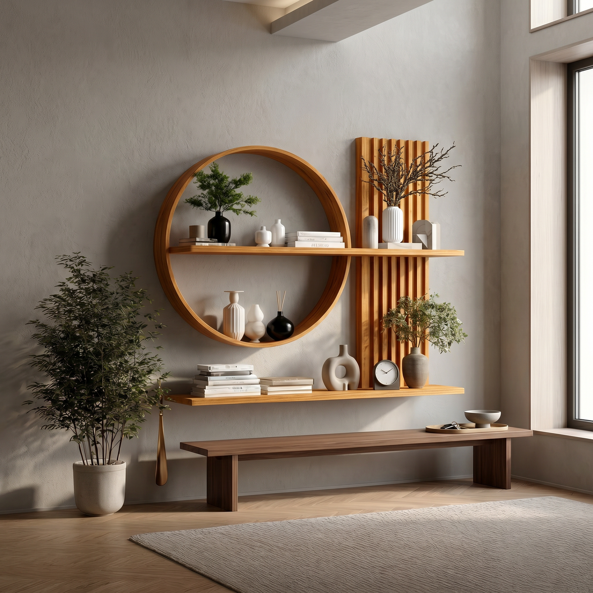 Japandi Wall Shelf, Round Slatted Solid Wood Floating Display Shelf