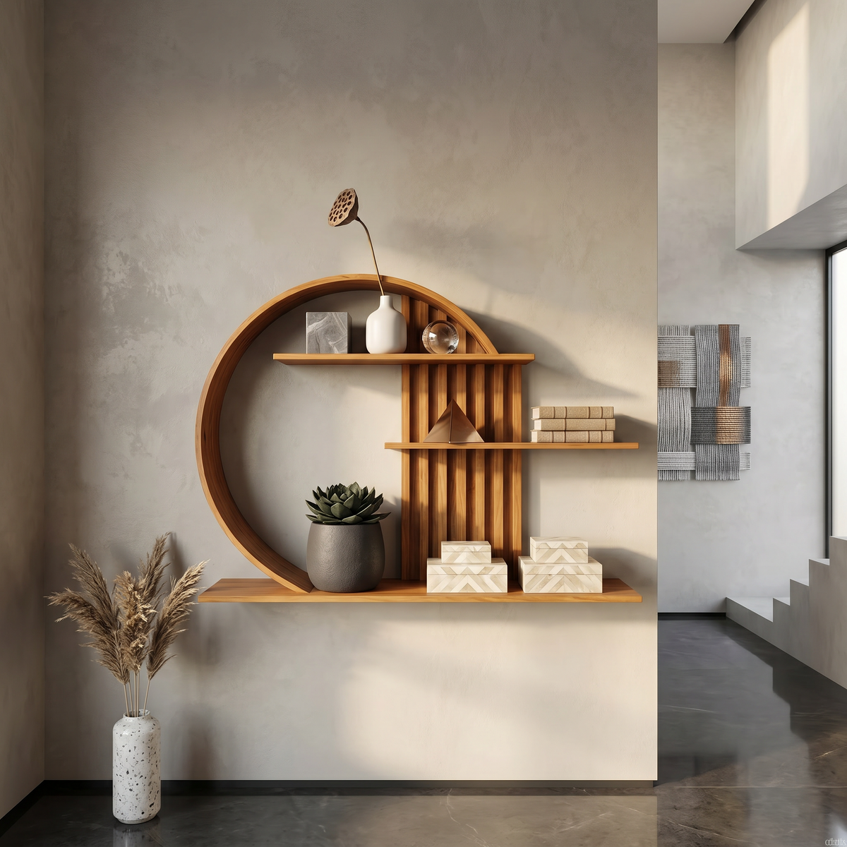 Modern Zen Wall Shelf Circular Slatted Wood Wall Decor