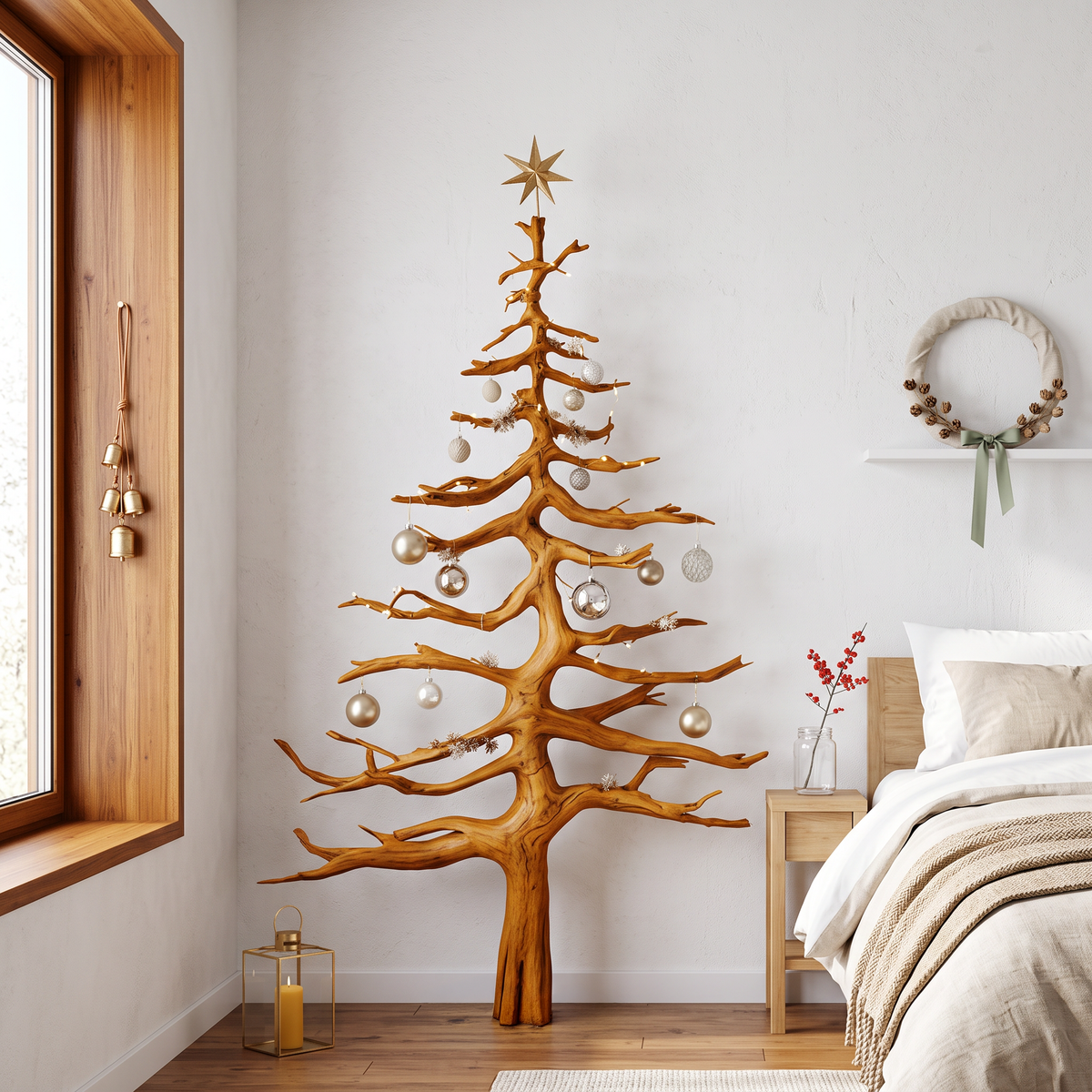 Christmas Tree Wall Decor, Rustic Solid Wood Tree Shelf