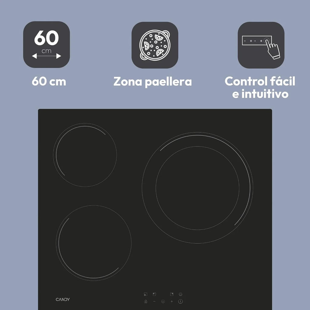 Candy Ceramic Hob 60 cm, 3 Cooking Zones, Double 30 cm Zone, Black - CH63DCC