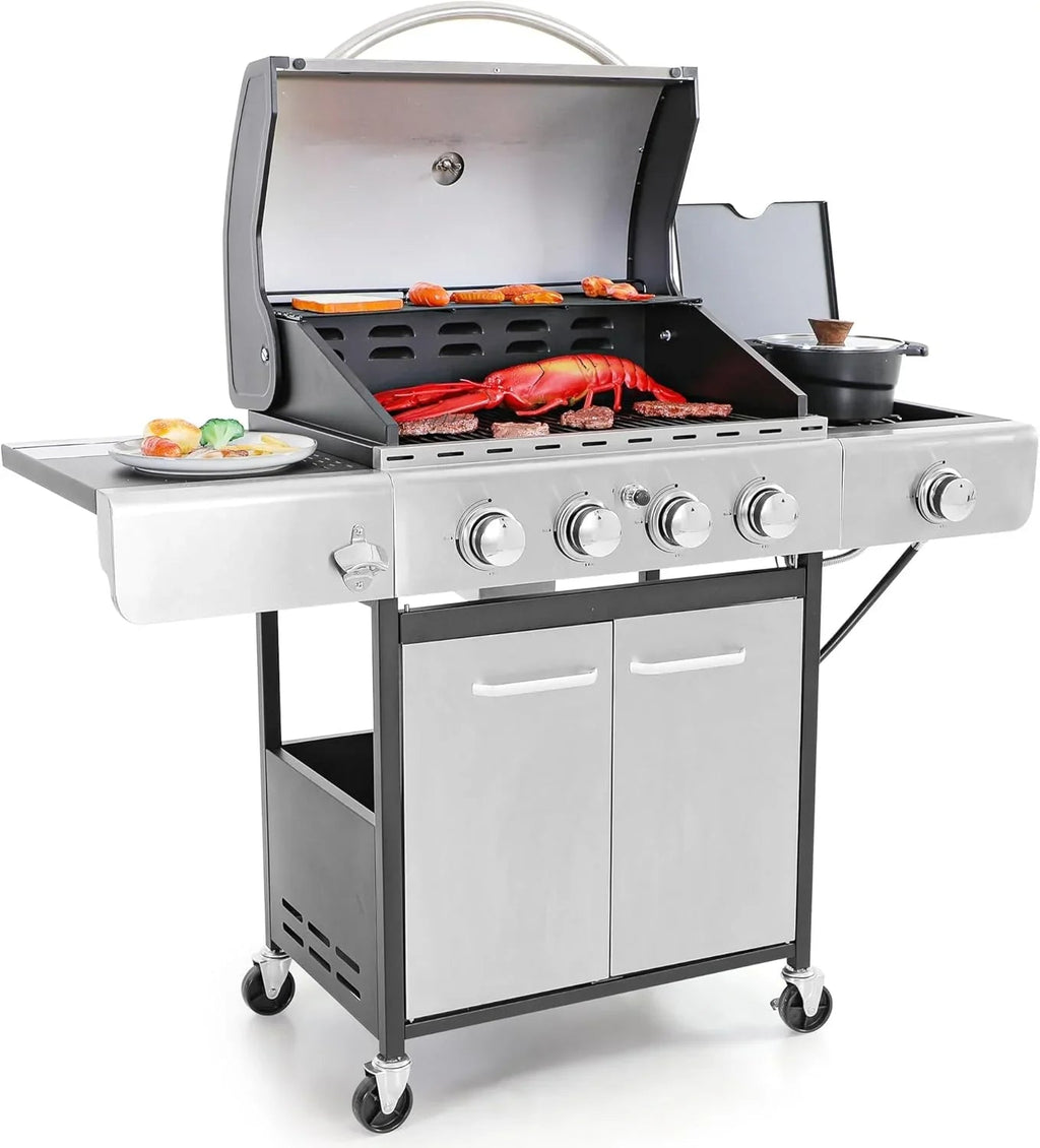 Captiva Designs 4-Burner Propane Gas Grill With Side Burner, 42,000 BTU, Silver - GR001