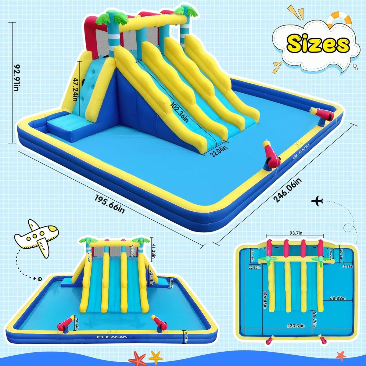 ELEMARA Inflatable Water Slide Water Park, 20.66x16.4FT, 3 Slides, 750W Air Blower, Blue
