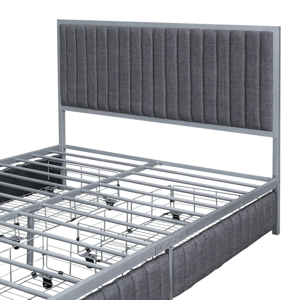 Roomfitters Full Size Upholstered Metal Platform Bed With 4 Drawers, Linen Fabric, Gray - 76.6in L x 55.7in W x 41.7in H