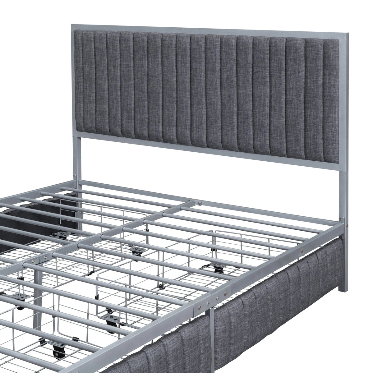 Roomfitters Full Size Upholstered Metal Platform Bed With 4 Drawers, Linen Fabric, Gray - 76.6in L x 55.7in W x 41.7in H