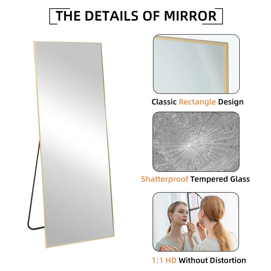 Full-Length Floor Mirror 64x21, Aluminum Alloy Frame With Stand And Wall Mount Option