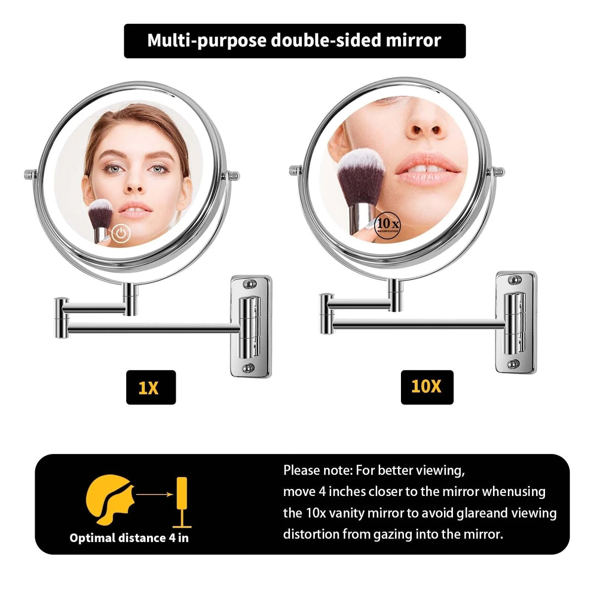 8 Inch Round Wall-Mounted Makeup Mirror, Rechargeable, 1X/10X Magnification, 3-Color LED Lights