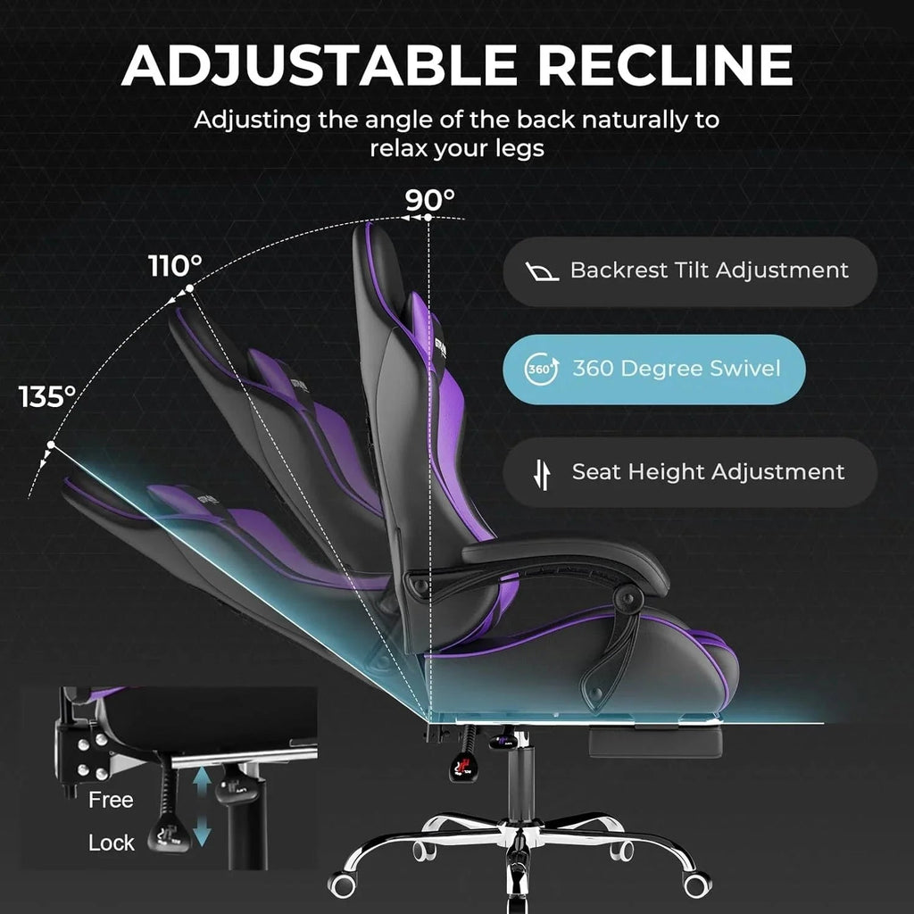 GTPLAYER Gaming Chair With Footrest, Lumbar Support, Headrest, Height Adjustment, White