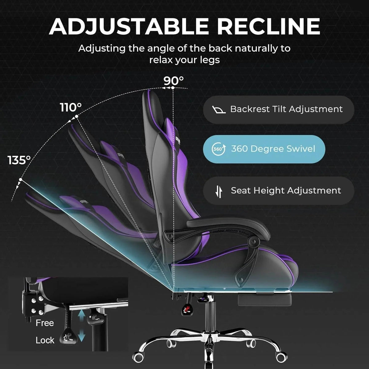 GTPLAYER Gaming Chair With Footrest, Lumbar Support, Headrest, Height Adjustment, White