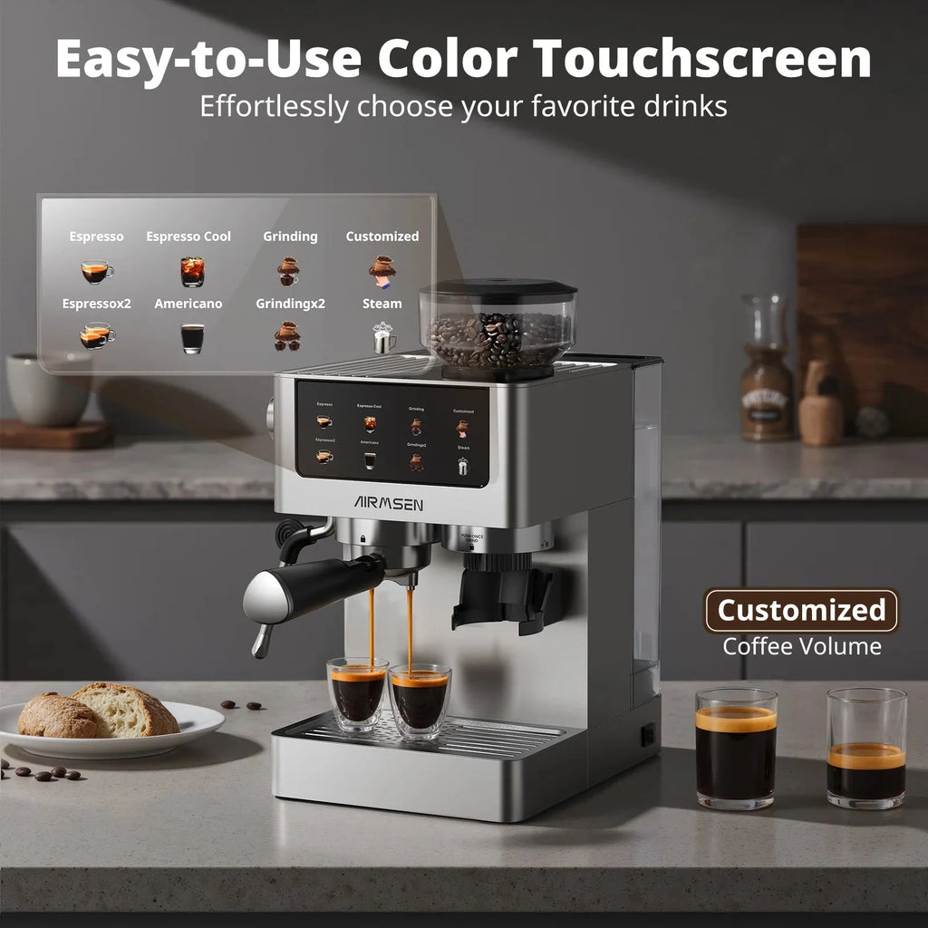 AIRMSEN Espresso Machine With Grinder, 20-Bar, 1350W, 63oz, Brushed Stainless Steel