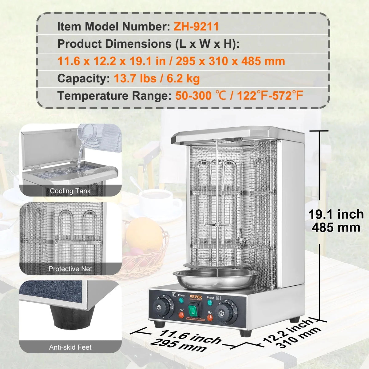 KFFKFF Electric Shawarma Rotisserie Grill 1700W 2 Burners Stainless Steel - ZH-9211