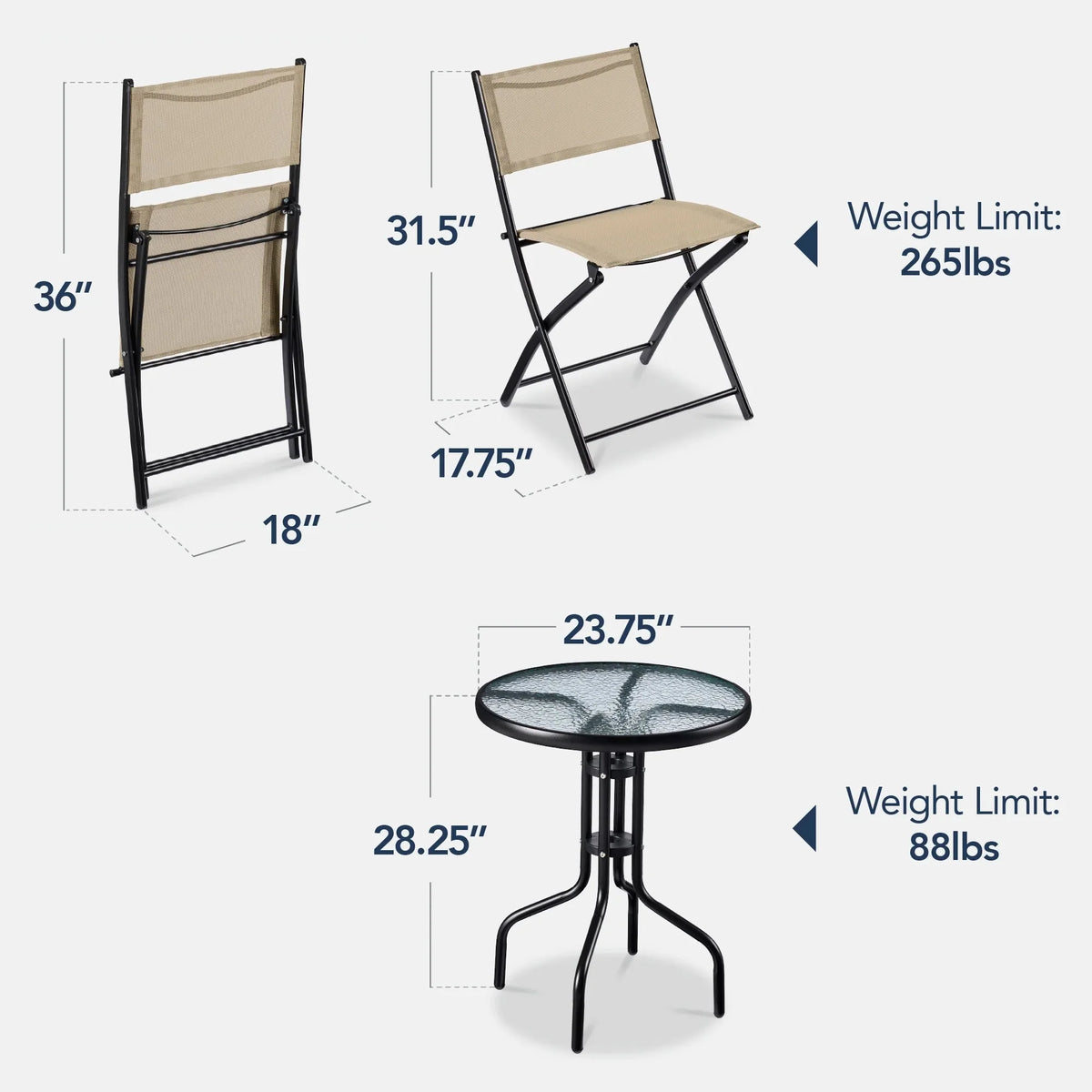Best Choice Products 3-Piece Patio Bistro Dining Set With Glass Tabletop And Folding Chairs - Gray