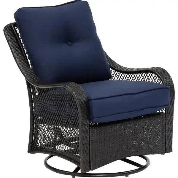 Hanover Orleans 5-Piece Steel Patio Fire Pit Conversation Set With Navy Blue Cushions, Swivel Gliders And Square Fire Pit Table
